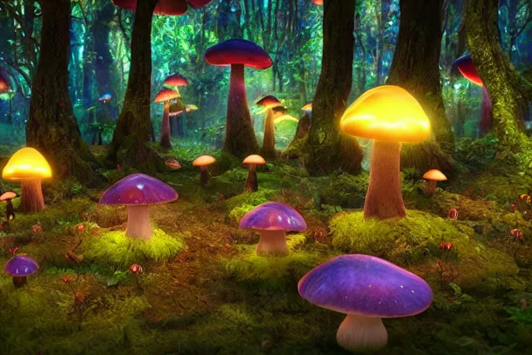 Image similar to An enchanted fantasy forest. Glowing mushrooms. Critters all around. Colorful. Cinematic lighting. Photorealism.