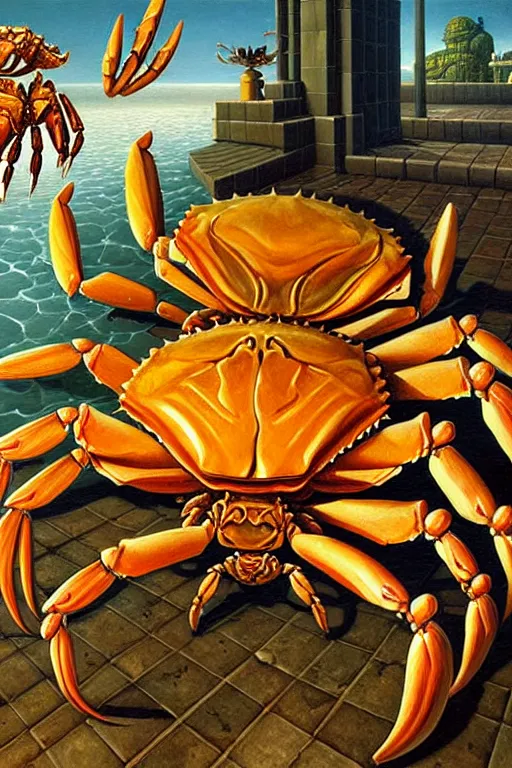 Prompt: classic oil painting, a giant crab, as a dnd character, inside a cluttered bathroom, cottagecore, highly detailed, digital illustration, concept art, smooth, sharp focus, art by tim hildebrandt, and sandro botticelli