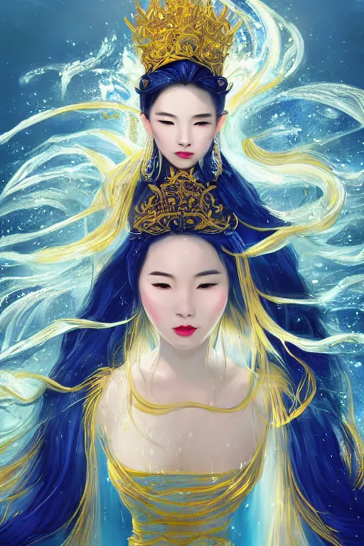 Image similar to a beautiful young asian woman, Queen of the Sea Mu Yanling, long flowing white hair, blue yellow robe with wide feather like quality, water flowing and floating around, young female face, liquid magic, cinematic top lighting, insanely detailed and intricate, face by wlop, Charlie Bowater, golden ratio, symmetric, elegant, ornate, luxury, elite, matte painting, MTG, magic the gatheing, cinematic, cgsociety, 8k, high resolution,