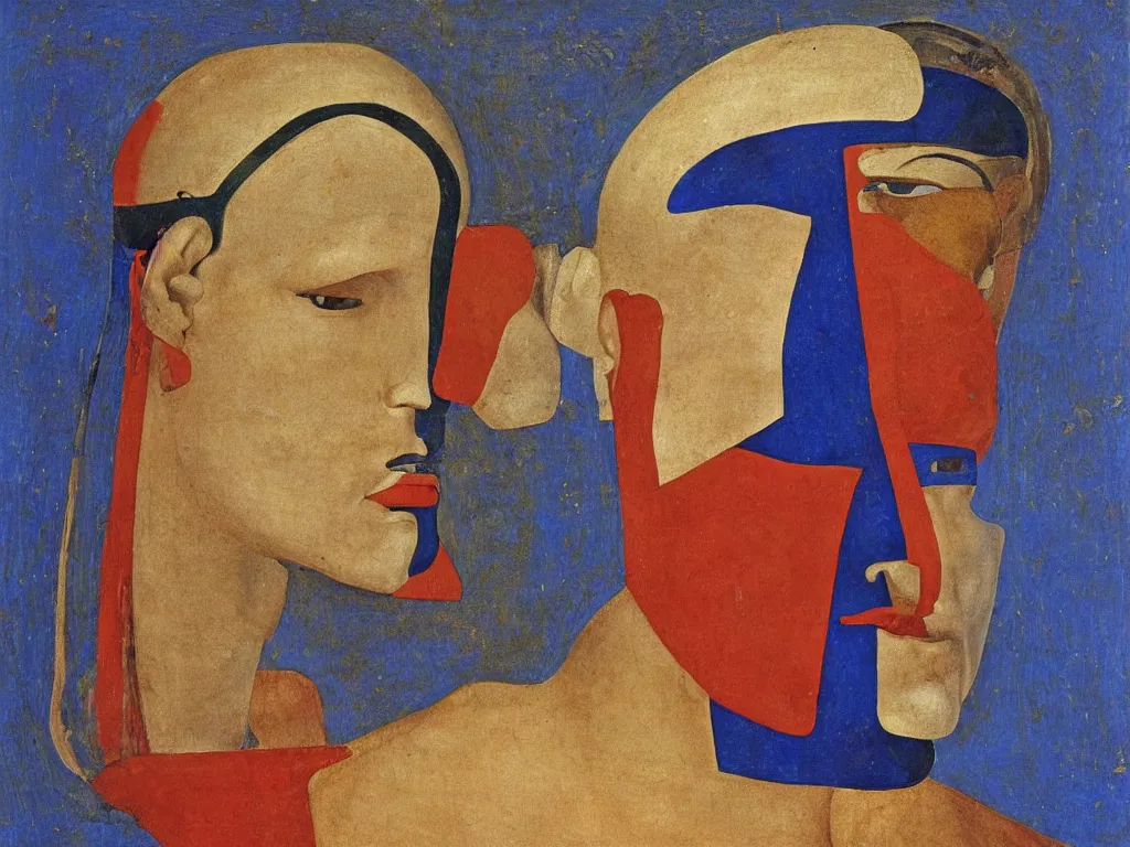 Image similar to portrait of a man head with painted archaic mask. lapis lazuli, malachite, cinnabar, indigo, gold. painting by piero della francesca, balthus, agnes pelton