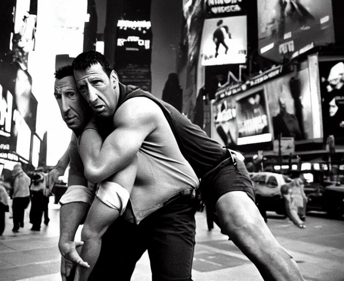 Image similar to The rock piggyback on Adam Sandler on Methamphetamine at Times Square, photograph by Alfred Eisenstaedt, 4K, dramatic lighting; 4K 8K