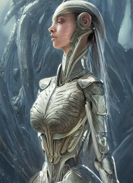 Image similar to a professional painting of a beautiful young female alien, clothed in ethereal armor, olive skin, long dark hair, beautiful bone structure, symmetrical facial features, intricate, elegant, digital painting, concept art, smooth, sharp focus, illustration, from Valerian and the City of a Thousand Planets, by Ruan Jia and Mandy Jurgens and Artgerm and William-Adolphe Bouguerea