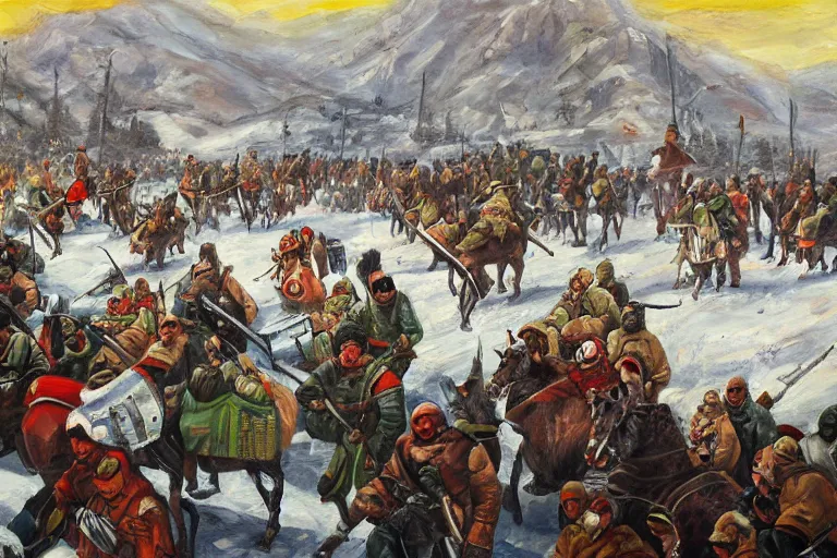 Prompt: painting of the balkan tatars invading a city in arctic bulgaria, oil on canvas