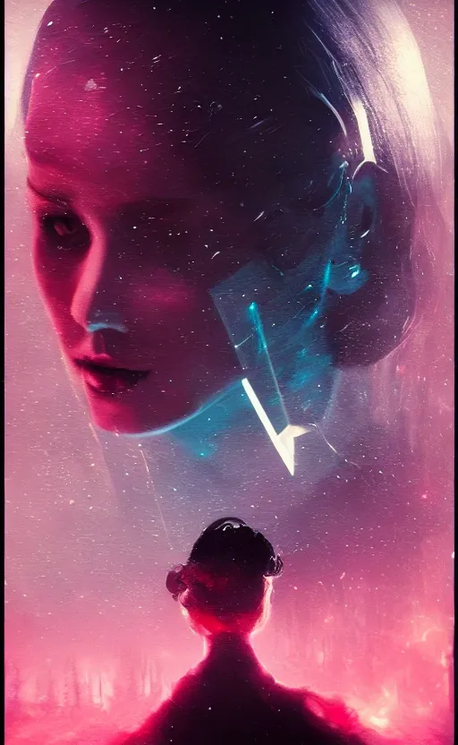 Prompt: a love affair with doubt, dark retrowave, glitch art, interstellar, beautifully lit, by Mab Graves and Bastien Lecouffe-Deharme and steve argyle, artstation, unreal engine