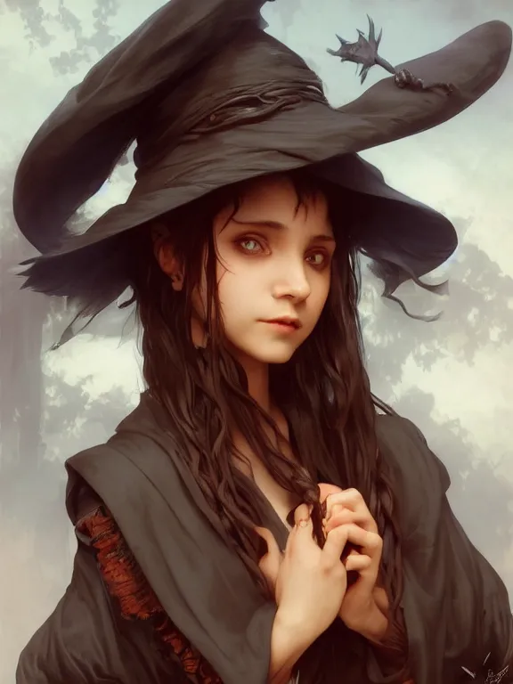 Image similar to Full shot of a mischievous young witch about to get up to some trouble. Latin American fashion. Black and Orange palette. Latina girl. brown skin. Symmetrical facial features. By Ruan Jia and Artgerm and Range Murata and WLOP and Ross Tran and William-Adolphe Bouguereau. Key Art. Fantasy Illustration. award winning, Artstation, intricate details, realistic, Hyperdetailed, 8k resolution.