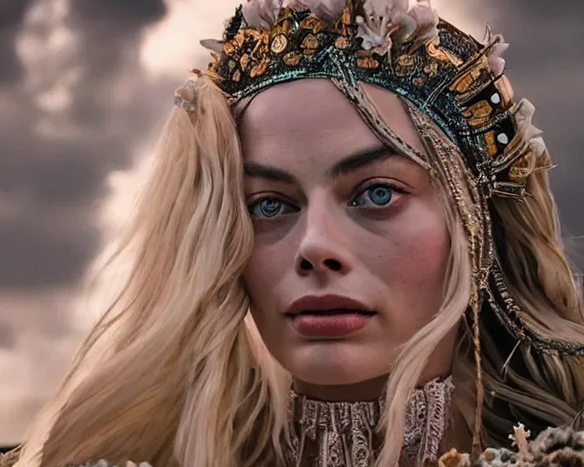 Image similar to Margot robbie as a goddess in heaven, Photography, Cinematic, Portrait, insanely detailed and intricate, hypermaximalist, elegant, ornate, hyper realistic, super detailed