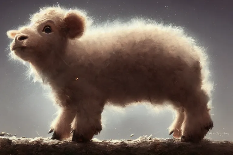 Image similar to cute fluffy calf by jean - baptiste monge, high quality, high resolution, 4 k, painted by cgsociety, rutkowski, gurney with ambient lighting, concept art, detailed, smooth, dynamic volumetric cinematic lighting, octane, raytrace