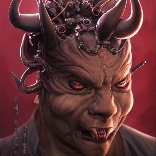 Image similar to portrait, cyberpunk japanese oni demon with horns, stern expression, long hair, highly detailed, digital painting, artstation, concept art, smooth, sharp focus, illustration, artgerm, tomasz alen kopera, peter mohrbacher, donato giancola, joseph christian leyendecker, wlop, frank frazetta