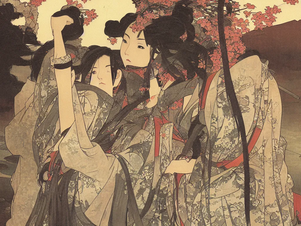 Image similar to a ronin in a japanese village during edo period, dusk, by fiona staples, range murata, alphonse mucha