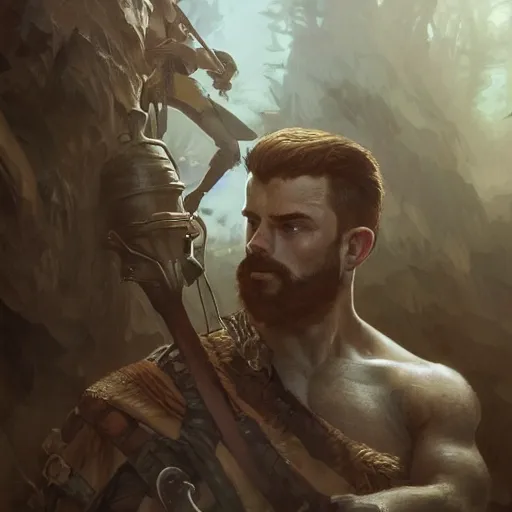 Image similar to portrait of a young rugged ranger, muscular, upper body, hairy torso, D&D, fantasy, intricate, cinematic lighting, highly detailed, digital painting, artstation, concept art, smooth, sharp focus, illustration, art by Artgerm and Greg Rutkowski and Alphonse Mucha