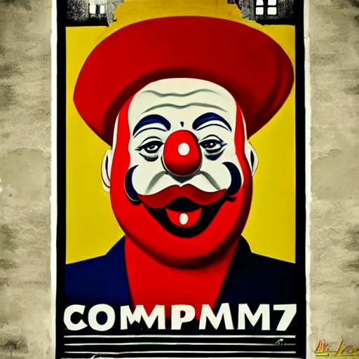 Prompt: communist clown painting in polish poster style