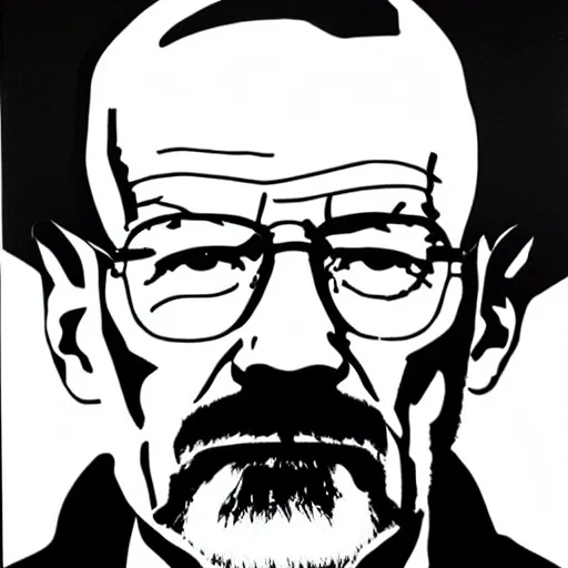 Image similar to a portrait of Walter White, made by Andy Warhol, two tone, very high contrast, only black and white, simplistic, extremely high contrast, two tone, notan art, by Andy Warhol, minimalistic,