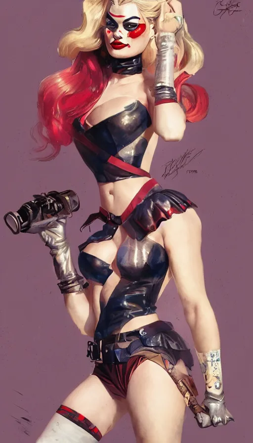 Image similar to margot robbie as harley quinn in a pin - up pose figure by artgerm, greg rutkowski and alphonse mucha, concept art, matte, intricate, full body, epic composition