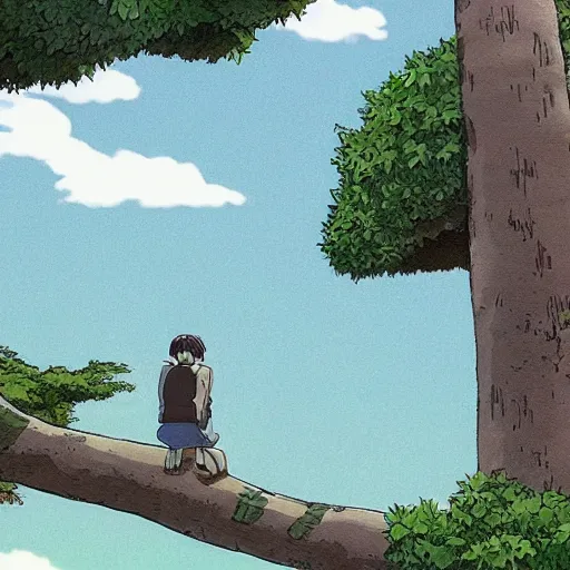 Image similar to gabriel boric over a tree made by studio ghibli, detail, high quality, detailed, beautiful scene, smooth