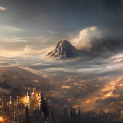 Image similar to grand scale. city built into a mountain peak, above the clouds, clouds below. beautiful. matte painting, artstation 4 k.