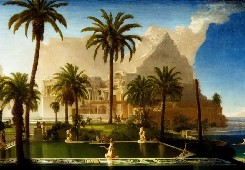 Prompt: Palace floating in the sky, 1km tall, thunderstorm, greek pool, beach and palm trees on the background major arcana sky, by paul delaroche, hyperrealistic 4k uhd, award-winning very detailed