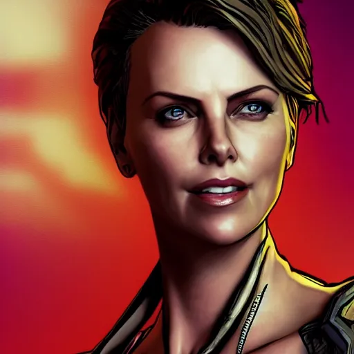 Image similar to charlize theron portrait, borderlands, tales from the borderlands, the wolf among us, comic, cinematic lighting, studio quality, 8 k