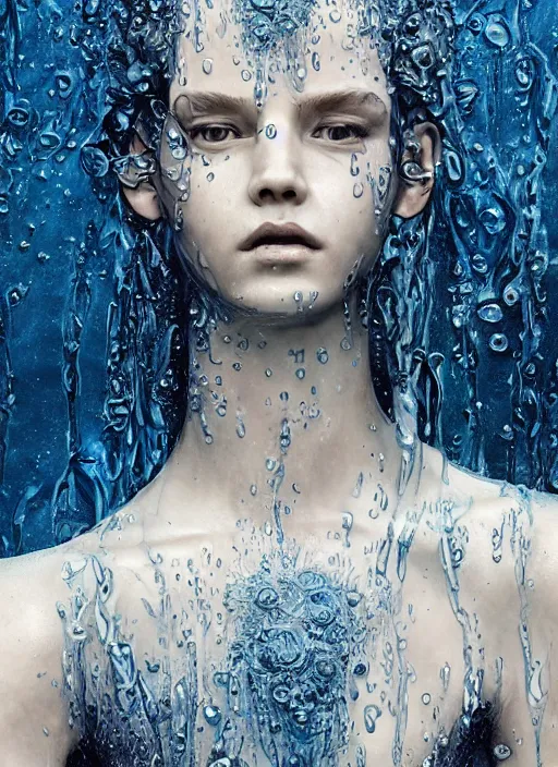 Image similar to sculpture made of water, portrait, female, future, shaman, harper's bazaar, vogue, magazine, insanely detailed and intricate, concept art, blue, wet, ornate, luxury, elite, elegant, trending on artstation, by ruan jia, by Kenneth Willardt, by ross tran, by WLOP, by Andrei Riabovitchev,