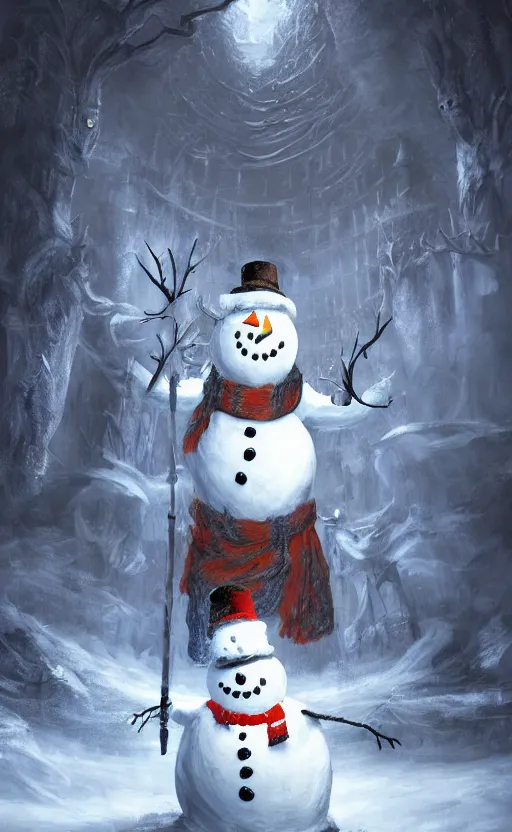 Image similar to a a full body portrait of monster jack frost the snowman, in the middle of a village in the snow, dynamic lighting, photorealistic dark fantasy concept art, trending on art station, stunning visuals, creative, cinematic, ultra detailed, scary art, monster