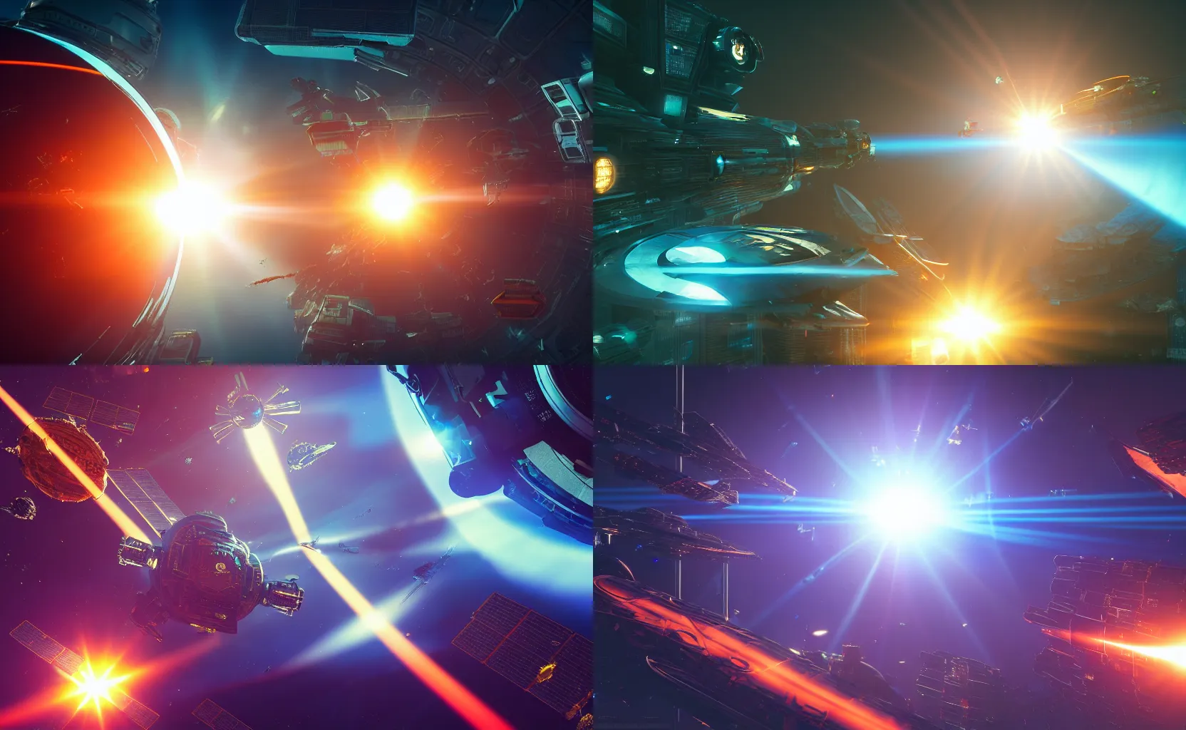 Prompt: Cyberpunk. space battle in orbit of the sun, orange lensflare. light fixtures. 8K. detailed. photorealism. artstation. 25mm f/1.7 ASPH Lens. ultra realistic