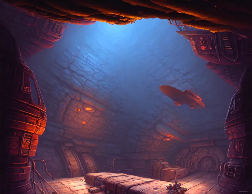 Image similar to interior view of the magic smuggler cargo hold of a flying ship, d & d planescape fantasy art, artstation contest winner, beautiful digital painting in the style of dan mumford, art by kev chan, volumetric lighting, concept art, speedpainting, fantasypunk, deep colors, cgsociety, by gerald brom, by greg rutkowski, by ruan jia