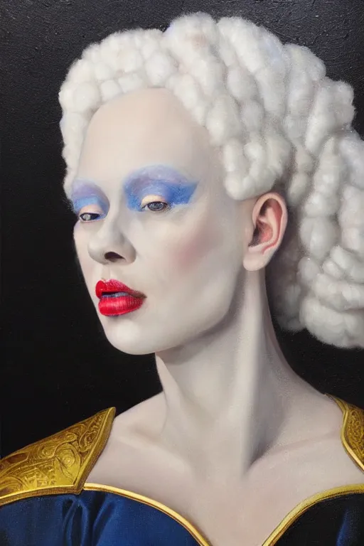 Prompt: hyperrealism oil painting, close - up portrait of albino queen medieval fashion model, knight, steel gradient mixed with nebula sky, in style of baroque