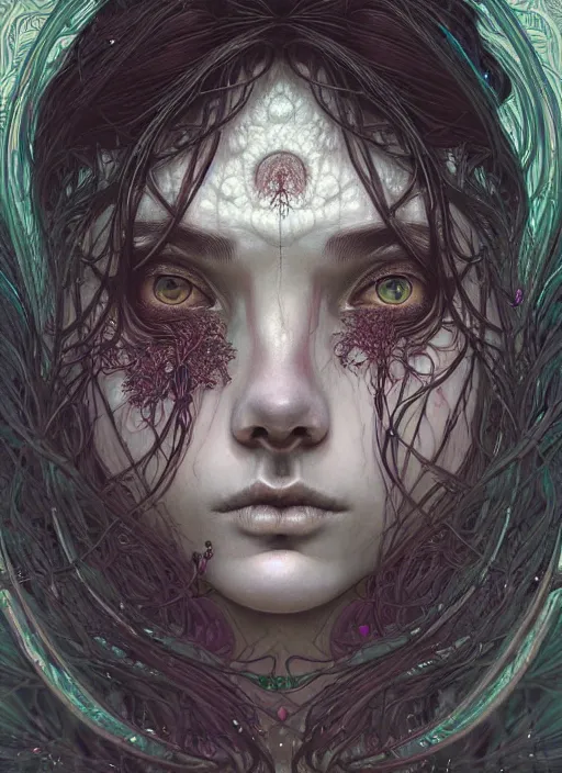 Prompt: ancient beautiful witch girl face portrait, intricate artwork by josan gonzalez, artgerm, kilian eng, alphonse mucha, junji ito, lee madgwick, alex grey and gustave dore, very coherent artwork, cinematic, psychedelic, vibrant, octane render, unreal engine, 8 k, high contrast, black ink outline