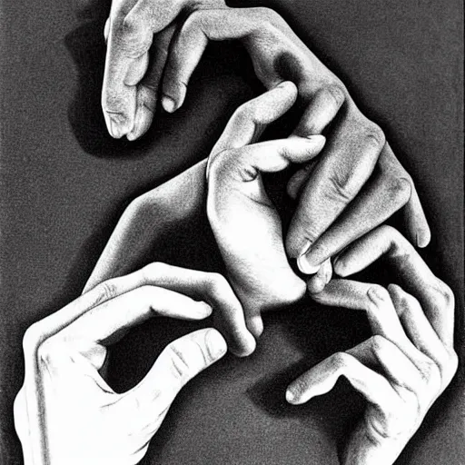 Prompt: Drawing Hands, 1948, lithograph by M.C. Escher. Unreal engine, futuristic 3D rendering