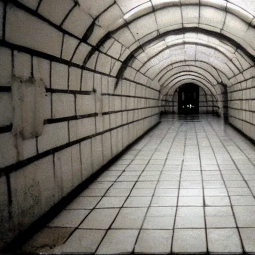 Prompt: Beautiful Fuzzy wide-eye-lens 15mm, harsh flash, cameraphone 2002, Photograph of an tiled infinite foggy liminal pool hallway with archways and water on the floor