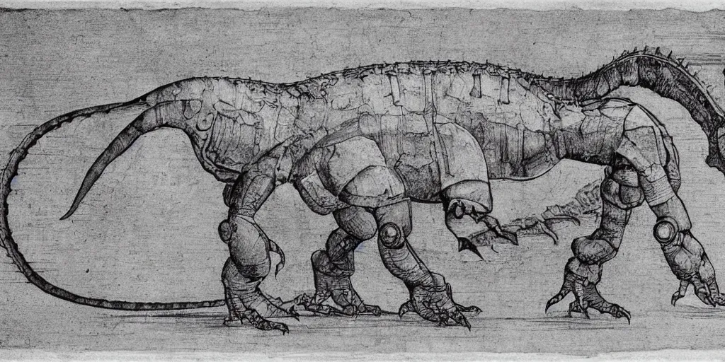 Prompt: leonardo da vinci's technical sketch of a robotic dinosaur, highly detailed