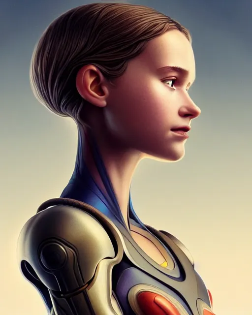 Image similar to weta disney pixar movie still head and torso portrait photo of young alicia vikander as thoughtful cyborg girl by pixar, by weta, wlop, ilya kuvshinov, rossdraws, artgerm, latex, iridescent, bright morning, anime, liosh, mucha