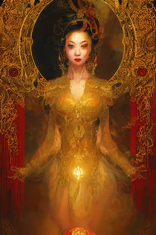 Image similar to tarot card artstation, portrait of an asian love dancer, sunrise, baroque ornamnet and rococo ornament, ancient chinese ornate, hyperdetailed, beautiful lighting, craig mullins, mucha, klimt, yoshitaka amano, red and gold and orange color palatte