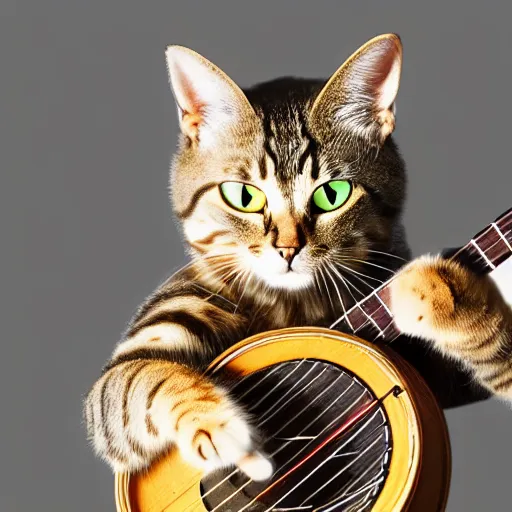 Prompt: 4 5 mm photorealistic image of a cat playing a banjo 8 k