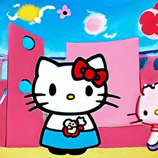 Prompt: painting of hello kitty and hello kitty friends and sanrio characters and playing outside on a sunny day, adventures of hello kitty and friends, by artgerm