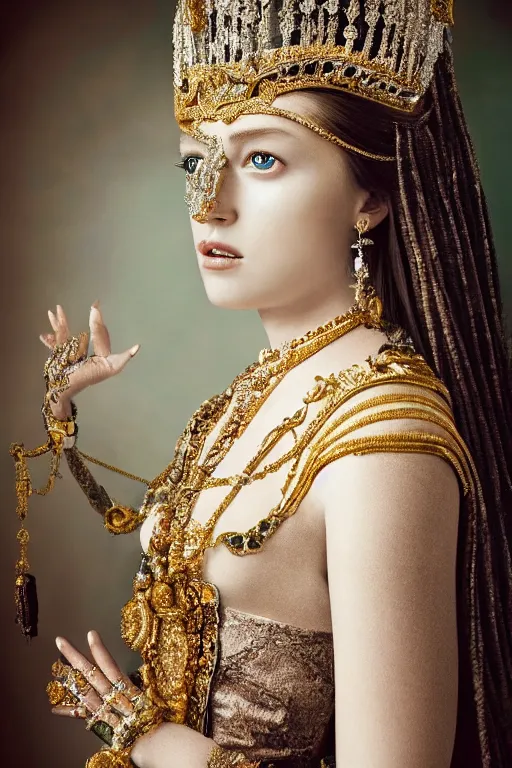 Image similar to beautiful very detailed portrait of a young princess with lots of jewelry and an Ultra Lux jade mask, full body, in the background there is a minimalistic throne, digital art , photos by Annie Leibovitz, moody, models by 500px, dramatic cinematic lighting rendered by octane, 8k, detailed, intricate, clean and textures, trending on artstation, deviantart google images, pinterest