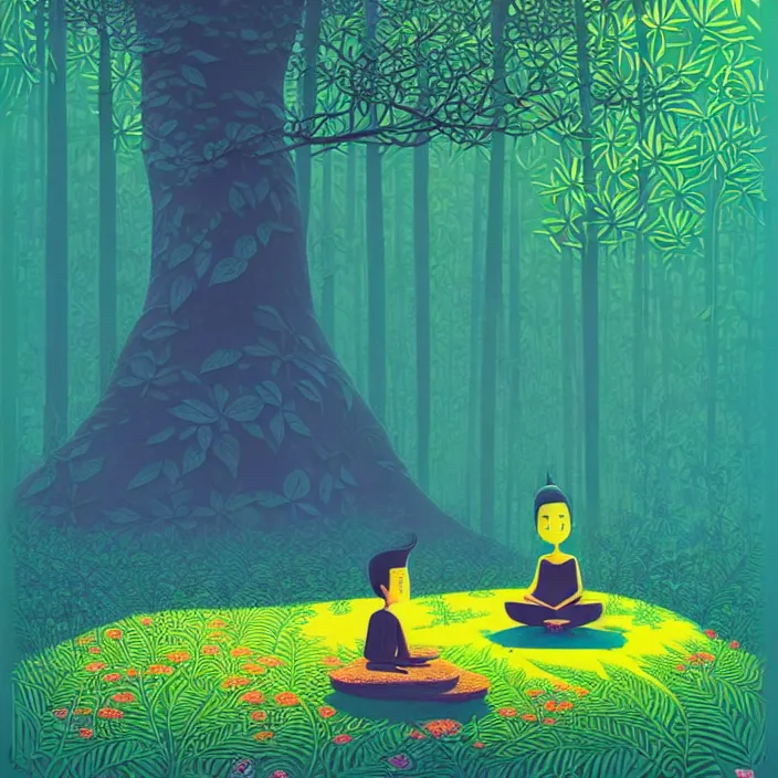 Prompt: ( ( ( gediminas pranckevicius ) ) ), meditation under bo tree in a jungle garden summer morning, very coherent and colorful high contrast art by james gilleard floralpunk screen printing woodblock, dark shadows, pastel color, hard lighting