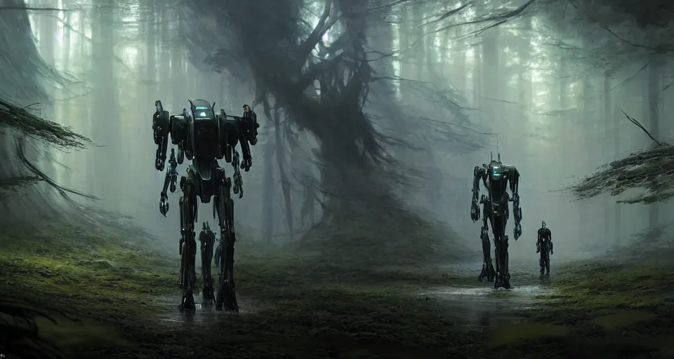 Image similar to hyper realistic sci - fi matte concept art painting of mecha walking through an alien forest, beautiful details, strong composition painted by kim jung guweta studio rutkowski, james gurney and greg rutkowski, and lucasfilm, smooth, intricate, detailed, sharp focus, cinematic