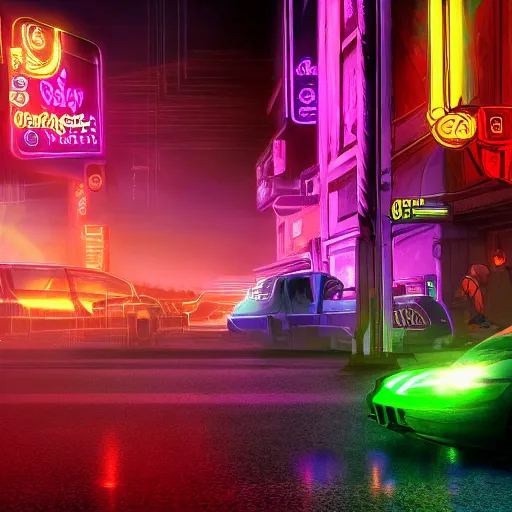 Prompt: Scooby Doo, Cyberpunk, Far future, Hyperdetailed, Neon Lights, Photorealistic, 4k