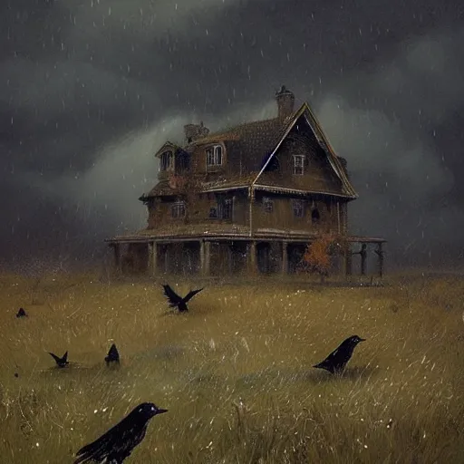 Prompt: A field full of crows, thousands of crows, a wooden house nearby, stormy weather, dark sky, art by greg rutkowski, trending on artstation.