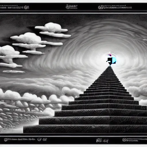 Image similar to A black and white freemasonic chequered surrealist digital painting of a stairway to into the clouds in the art style of jeff koons, Gilbert williams, Edwin Frederic Church and Christopher Balaskas, trending on artstation, 4k UHD