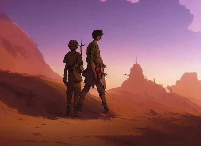 Image similar to matte painting, background studio ghibli, soldier roaming through desert with city in the skyline, two suns, purple orange colors, sharp focus, illustration, highly detailed, digital painting, concept art, matte, art by wlop and artgerm and greg rutkowski, masterpiece