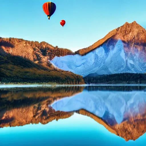 Image similar to photo of two black swans touching heads in a beautiful reflective mountain lake, a colorful hot air balloon is flying above reflecting off water, hot air balloon, intricate, 8k highly professionally detailed, centered, HDR, CGsociety