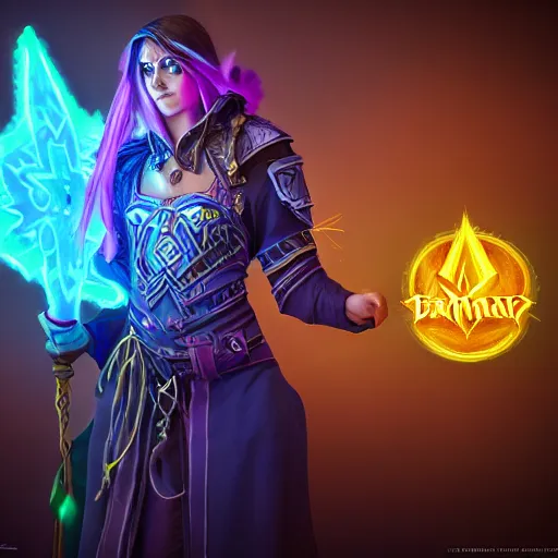 Image similar to a oil art portrait of young mage with neon magic in style of warcraft character, bard jester character sheet, 4 k, ultra detail, volumetric lighting, unreal engine, octane render, grimdark