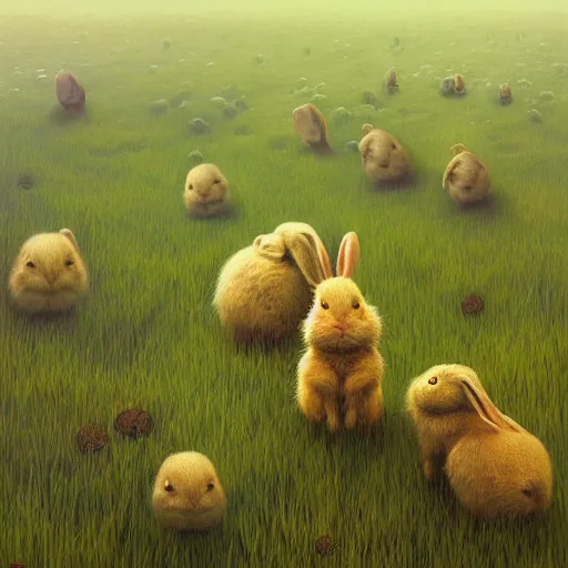Prompt: adorable rabbits in verdant fields, delight! by zdzislaw beksinski and gediminas pranckevicius and tiffany bozic, cold hues, warm tone gradient background, concept art, beautiful composition, digital painting