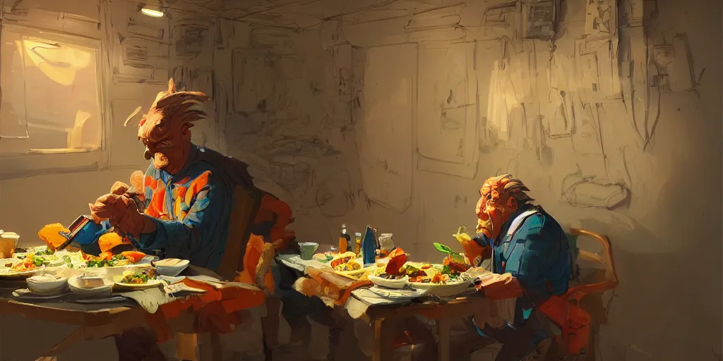 Image similar to cartoonish van morrison eating dinner, vivid colors, character sheet, fine details, concept design, contrast, kim jung gi, greg rutkowski, trending on artstation, 8 k, full body, turnaround, front view, back view, ultra wide angle