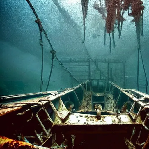 Image similar to inside of a rusty shipwreck, underwater, creepy, horror, eerie, scary,