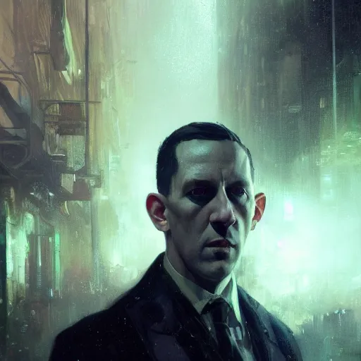 Image similar to , h p lovecraft hyperrealistic portrait, bladerunner street, art of elysium by jeremy mann and alphonse mucha and greg rutkowski, fantasy art, photo realistic, dynamic lighting, artstation, poster, volumetric lighting, very detailed face, 4 k, award winning