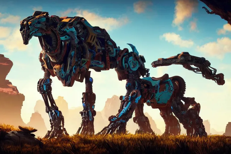 Image similar to tallneck machine mecha animal beast robot of horizon forbidden west horizon zero dawn bioluminiscence global illumination ray tracing hdr fanart arstation by sung choi and eric pfeiffer and gabriel garza and casper konefal