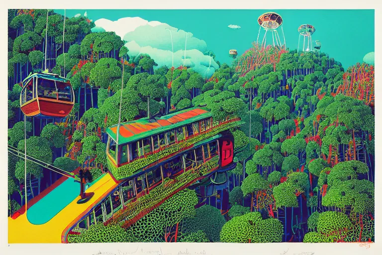 Image similar to surreal glimpse into other universe, langkawi cable car, summer morning, very coherent and colorful high contrast, art by!!!! gediminas pranckevicius!!!!, geof darrow, floralpunk screen printing woodblock, dark shadows, hard lighting, stipple brush technique,