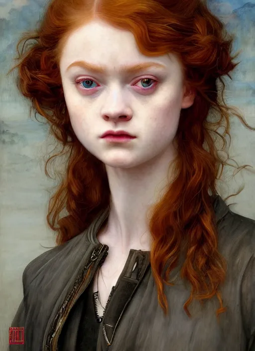 Image similar to sadie sink portrait demon half human, elegant, wearing a bomber jacket, armor, hyper realistic, whitehorns, extremely detailed, dnd character art portrait, fantasy art,, dramatic lighting, vivid colors, artstation, by edgar maxence and caravaggio and michael whelan and delacroix, lois van baarle and bouguereau